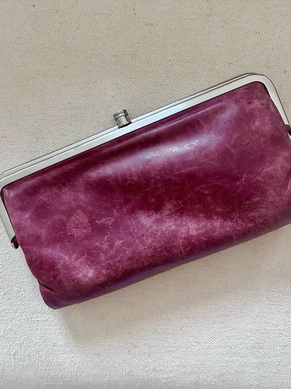 Hobo Lauren Maroon Distressed Leather Double Kisslock Clutch Wallet